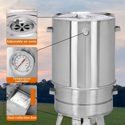 Ahumador Barril Asador De Carne Material De Acero Inoxidable Asador De 360° Incluye Termómetro Y Recipiente para Cenizas 50 Cm De Diámetro Parrillero