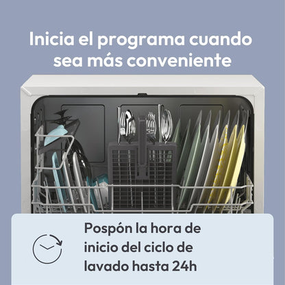 Candy CP 6E51LW Lavavajillas Pequeño y Compacto, 6 Servicios, Digital, 51DBA, 5 Ciclos, Media Carga, Inicio Diferido 3-6-9 horas, Indicador Sal y Abrillantador, Indicador Fin de Ciclo, Blanco
