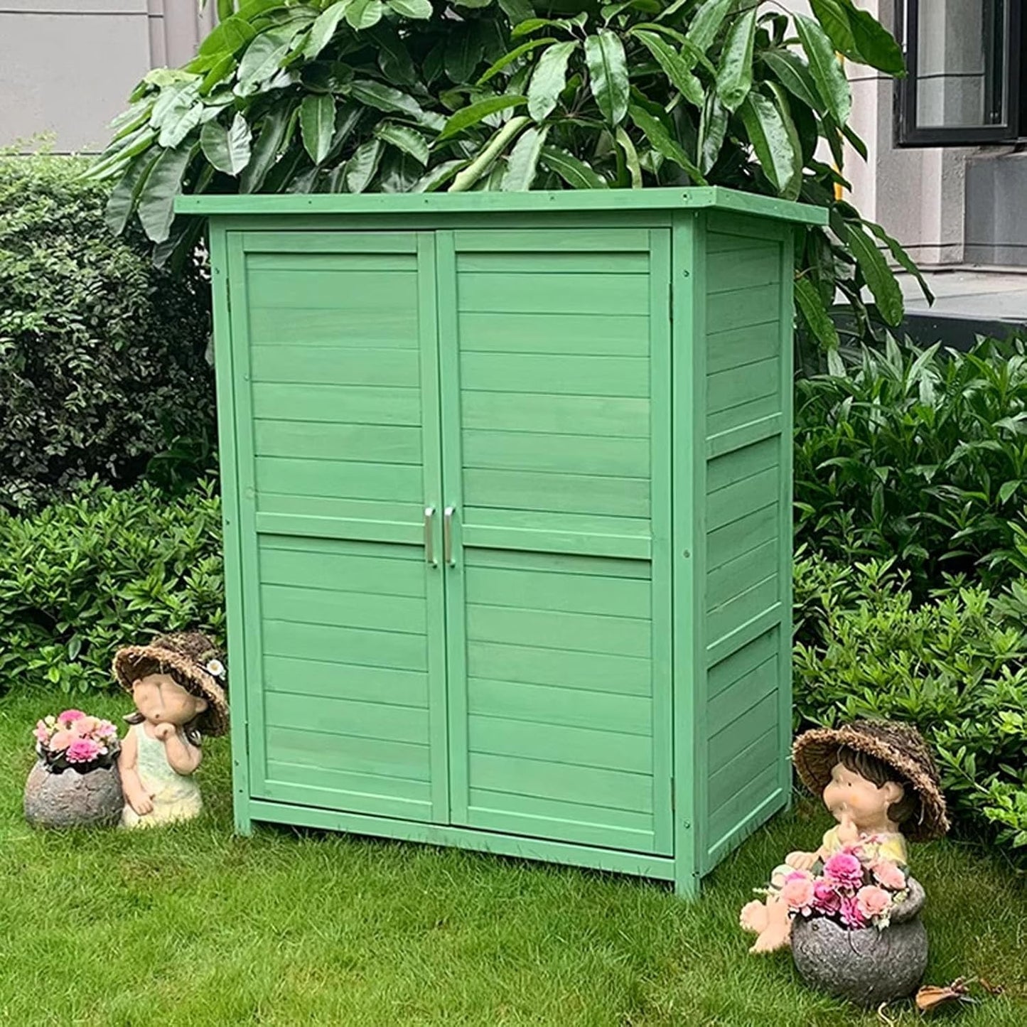 Armario de almacenamiento para exteriores, diseño vertical impermeable con almohadillas ajustables, fácil de montar para patio, jardín y porche