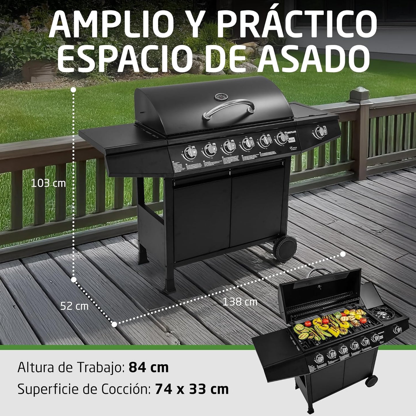 Amig - Barbacoa de gas Fireplus 6+1 de 12,9 kW - Acero inoxidable Negro - Parrilla con ruedas Modelo GRILL-6F - Barbacoa XXL con carro y termómetro - 138x52x103 cm - 7 quemadores y Bandeja lateral