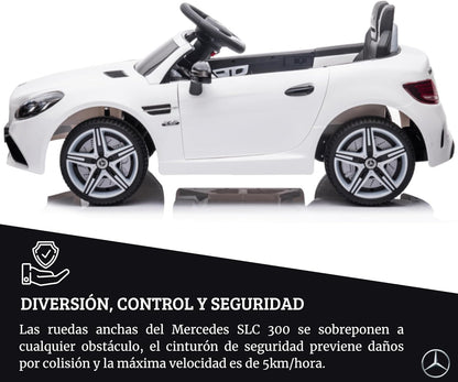 DEVESSPORT Coche Eléctrico Infantil Mercedes SLC 300 12V | con Mando, Faros LED, Música, USB y Apertura de Puertas – para Niños de 3 a 6 Años (Blanco)
