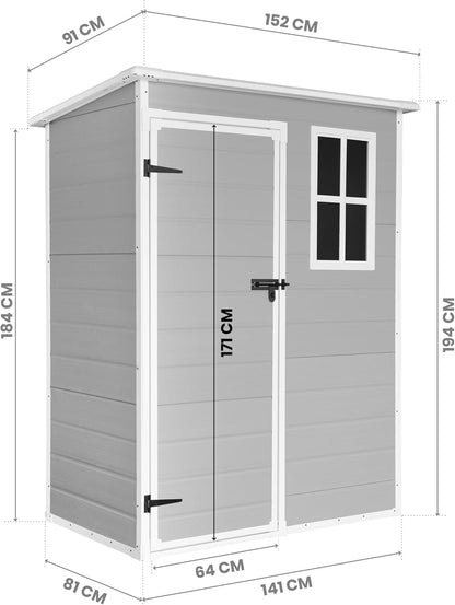 Wasabi - Caseta de Resina Jardín Unit 1.4 – Ventana Luz Natural - Suelo Incluido - Paneles 12mm de Espesor - Gris Blanco - Cobertizo PVC Almacenaje Exterior - 1,37m2 - Techo Plano