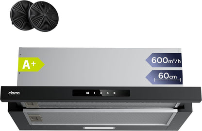 CIARRA CBCB6909A Campana Extractora Telescópica Negra Cocina 60 cm 600 m³ / h Clase A+ 3 Niveles Control Táctil Iluminación LED Filtro de Carbón CBCF055