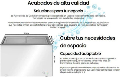 INFINITON Arcon Congelador Industrial FCH-209CC82WEC, 209 Litros, Puerta con diseño Flat door design, Control de temperatura Mecánico, D, Ruedas, Cierre de seguridad con llave