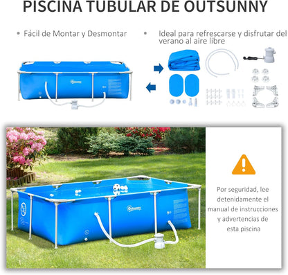 Outsunny Piscina Desmontable Tubular 252x152x65 cm con Depuradora de Cartucho 1200L/H Piscina Rectangular de Exterior para Adultos y Niños 2163L Azul