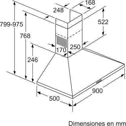 Balay - Campana Exrtactora Decorativa de Pared Piramidal, 90 cm de ancho, 3 potencias de extracción, Instalación en Salida de Humos o Recirculación, Acero Inoxidable, 3BC696MX