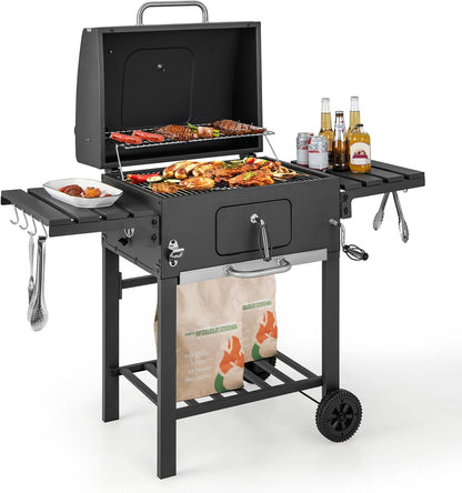 COSTWAY Barbacoa Carbon XXL, Barbacoa Portatil 128 x 54x 117 cm, Tapa, Termómetro, 2 Mesas Laterales Plegables, 8 Ganchos, 2 Ruedas y Abridor de Botellas