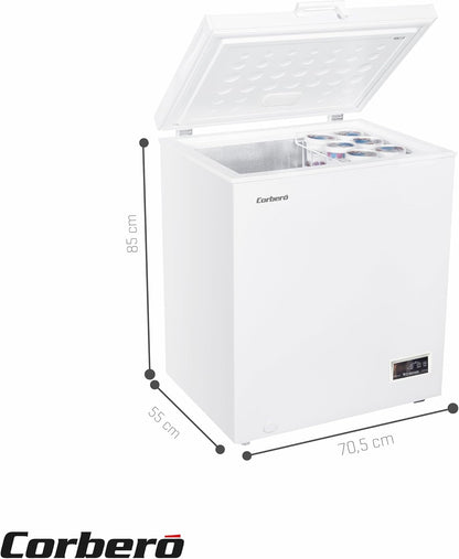 Corbero - Congelador Arcón 142L | CCHH15024E | Control Electrónico con Display | Luz LED | Tirador | 1 Cesta Interior | 2 Ruedas | 2 Patas Ajustables | 40 Db | Eficiencia Energética E | Blanco
