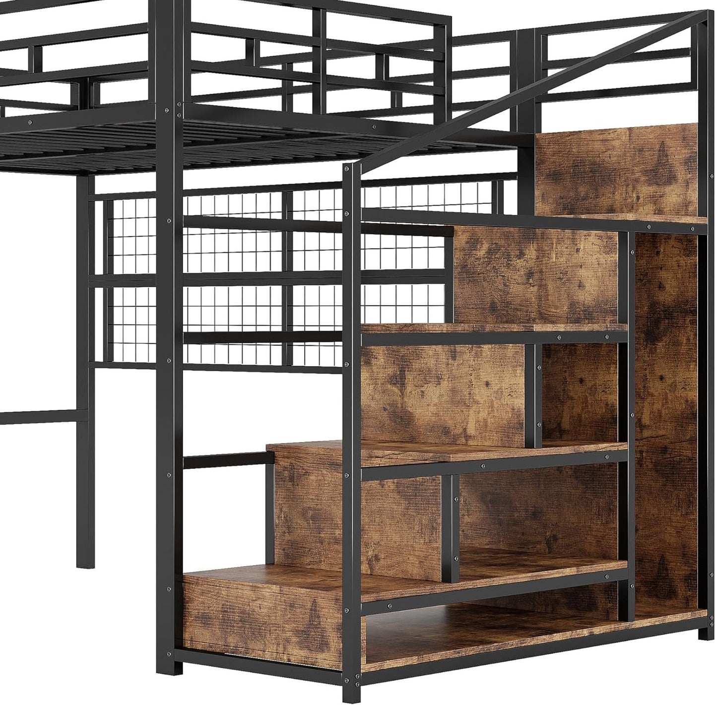 Cama alta (140 x 200 cm), marco de hierro, armario, escalera de almacenamiento, rejilla para colgar objetos, espacio libre debajo de la cama, luces LED de 7 colores, sin colchón, color negro