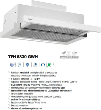 Cata Campana Extractora TFH 6830 GWH 6 Niveles de Extracción Panel de Control Táctil Nivel Sonoro 46 db Motor Extra Silencioso Iluminación LED Interior Blindado Fácil Limpieza Ancho 60 cm Color Blanco