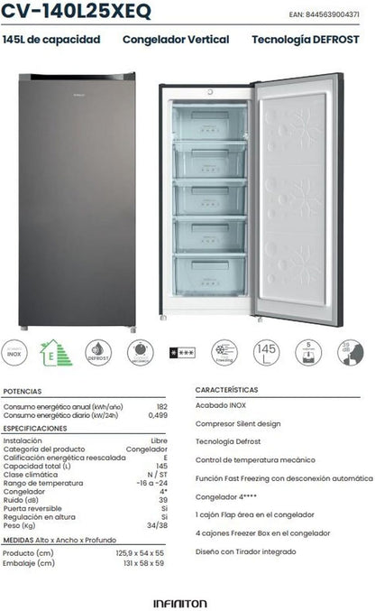 INFINITON Congelador Vertical CV-140L25XEQ, 145 Litros, E, Función Fast Freezing, Congelador 4****, cajón Flap, Tirador integrado, Puerta reversible, Inox