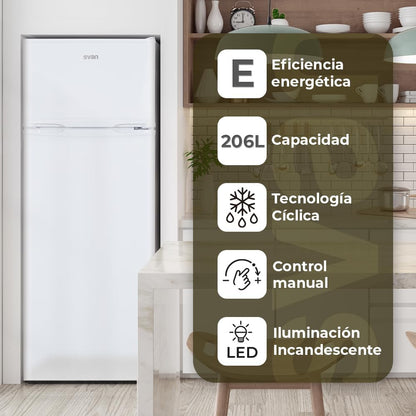 SVAN Frigorífico 2 Puertas Blanco SF145501E. Capacidad 206 Litros, Puerta Reversible, Bajo Nivel Sonoro, Eficiencia Energética Clase E