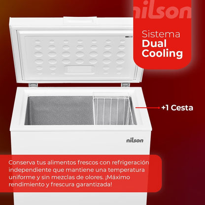 Nilson Congelador Horizontal Blanco NCH1500EDC. Capacidad 142 Litros, Dual Cooling, 4 Star, Modo Super Congelación, Tecnología Cíclica, Puerta Abatible, 1 Cesta, Bajo nivel Sonoro