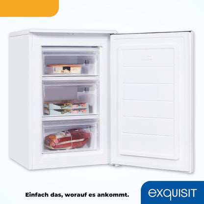 Exquisit congelador vertical, 87L, 4 estrellas, clase D, Color blanco, 3 cajones, método descongelación manual, termostato ajustable, puerta reversible, 40 db, consumo 132 kwh/año, 85,5x54,5x58 cm