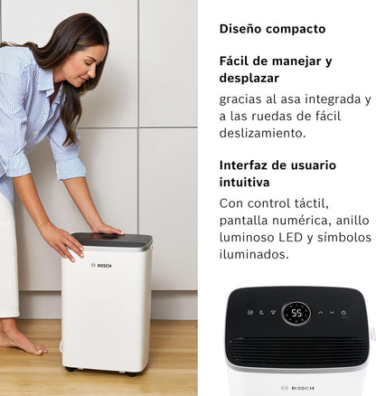 Bosch Deshumidificador Dry 4000 - Fácil. Eficiente. Silencioso. Para tu Hogar y Dormitorio - Para Habitaciones de hasta 33 m² - Secado Rápido para tu Colada