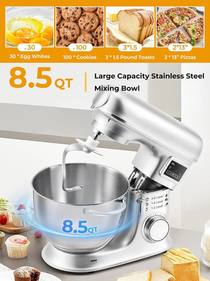 Batidora de pie de 8 l - Batidora eléctrica de cocina con pantalla LED, 6 velocidades, cabezal inclinable, recipiente de acero inoxidable, incluye picadora de carne, gancho para masa, batido