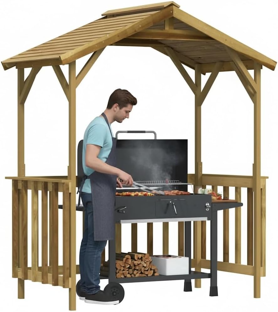 Pabellón para Barbacoa de Madera de Pino impregnada, 163,5x93x210 cm, caseta de jardín de Madera con Techo Inclinado, pérgola para barbacoas al Aire Libre y Fiestas en el jardín.