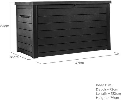 Keter Caja de cojín XXL Ontario, Grafito, 870 l de Capacidad, Dimensiones Exteriores: 147 x 83 x 86 cm, Caja de Almacenamiento Impermeable, para Exteriores