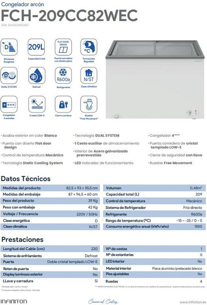 INFINITON Arcon Congelador Industrial FCH-209CC82WEC, 209 Litros, Puerta con diseño Flat door design, Control de temperatura Mecánico, D, Ruedas, Cierre de seguridad con llave