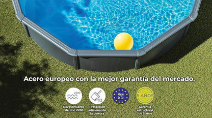 Gre KIT240GF Piscina de Acero Elevada, Redonda con Aspecto Acero Grafito, Piscinas Desmontables para Jardín, 240 x 120 cm, Kea