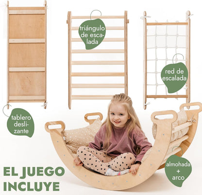 5 en 1 Montessori Juego de Escalada Interior para Niños Pequeños - Gimnasio de Madera para Niños Escalera Triangular & Arco & Rampa de Escalada & Red & Cojín - Gimnasio de Madera para niños pequeños