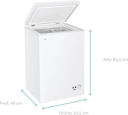 Candy CCHH 100E, Congelador Arcón Horizontal, Ancho 55CM, 97L, Tecnología Estática, 1 Cesto, Control Electrónico Externo, Indicador de Temperatura, Alarma Aumento de Temperatura, 39DB, Blanco