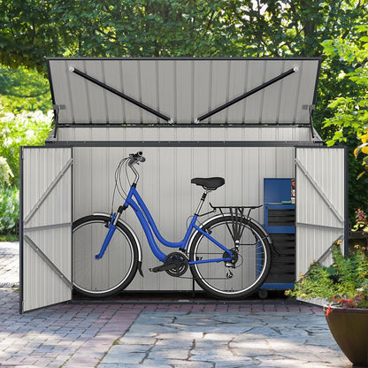 GOPLUS 1,9 m³ Caseta de Jardín de Acero Galvanizado, 193 x 86 x 127 cm, Cobertizo Exterior con Doble Puerta con Cerraduras, Palanca Hidráulica, Casa para Herramientas, Bicicletas, Cubos de Basura
