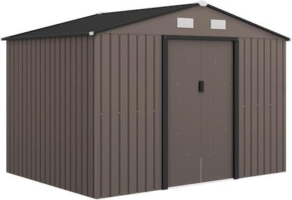 Outsunny Caseta de Jardín Exterior, 5 m² 277x195x192 cm, Cobertizo de Jardín Exterior Metálico con 2 Puertas Correderas, Base Refuerzo (Suelo NO Incluido) y 4 Ventanas, Marrón
