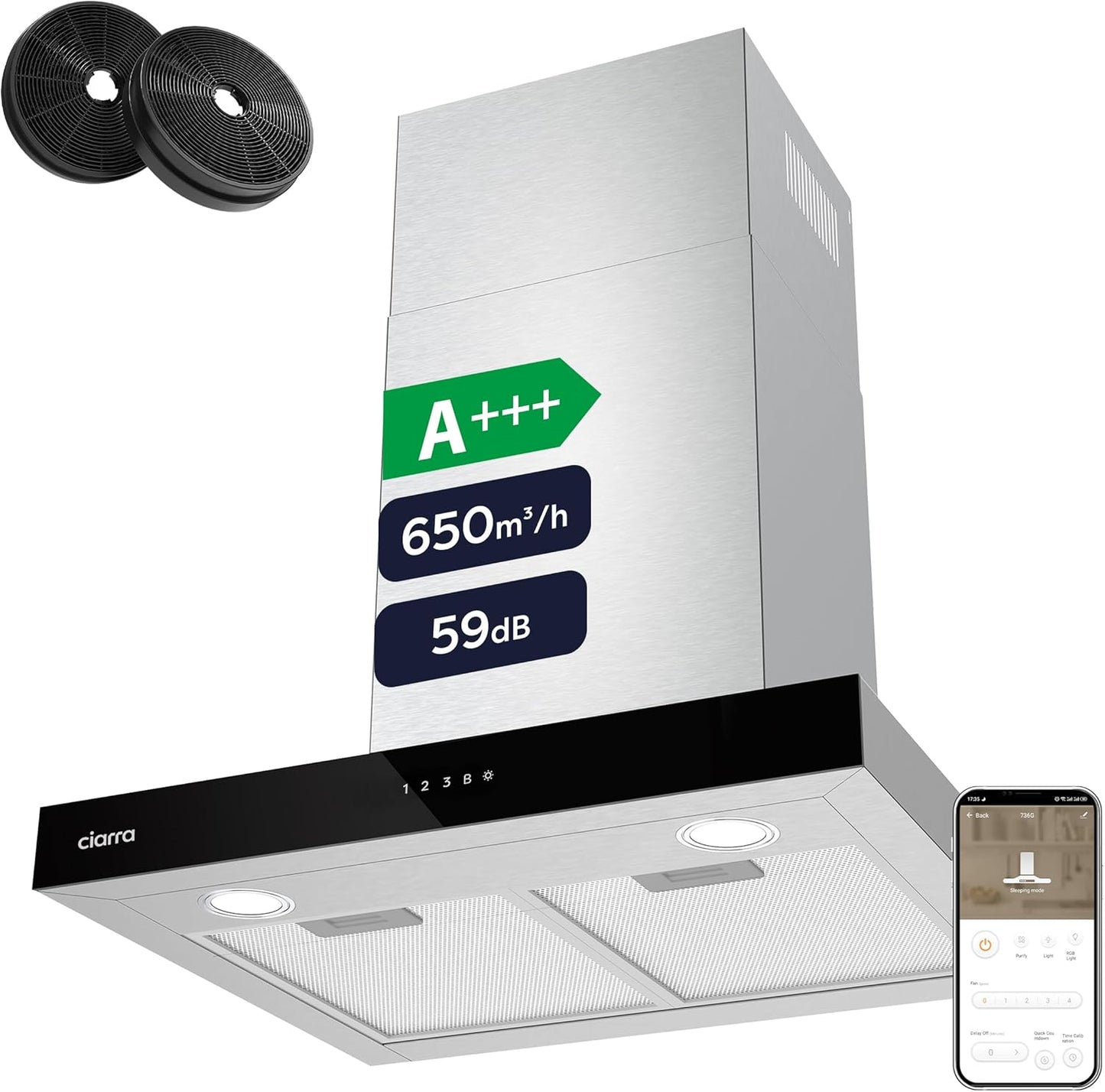 Ciarra CBCS6102 Campanas Extractora 60cm 650 m³/h - Control Táctil y Wifi - 4 Velocidades - Evacuación al Exterior y Recirculación Interna por Filtro de Carbón CBCF003 - Acero Inoxidable