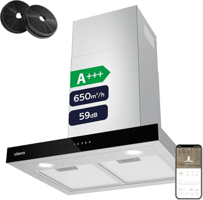 Ciarra CBCS6102 Campanas Extractora 60cm 650 m³/h - Control Táctil y Wifi - 4 Velocidades - Evacuación al Exterior y Recirculación Interna por Filtro de Carbón CBCF003 - Acero Inoxidable