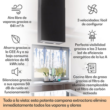 Klarstein Campana Isla Cocina, Extractor para Islas, Campana Techo Flujo Aire 641m³/h, Temporizador, Extractora Isla Regulable, Humos 3 Modos y Filtros de Carbón Activo