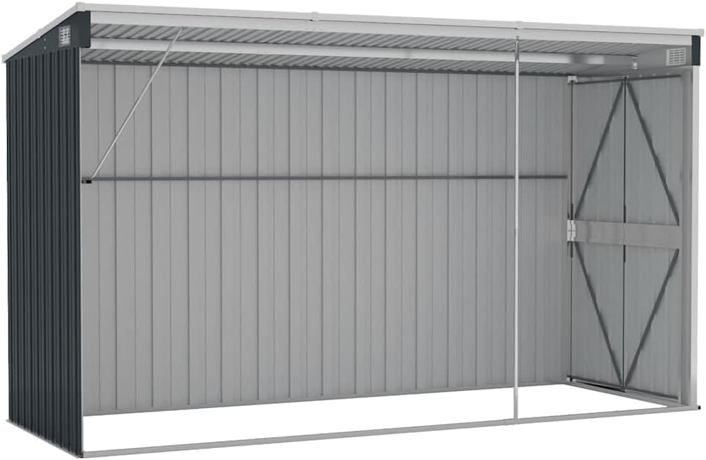 Caseta adosada Antracita, 118x288x178 cm, de Acero galvanizado, caseta de jardín metálica con Suelo, fijada a la Pared, cobertizo para Herramientas y Muebles de jardín.