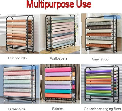 Estante de almacenamiento de rollo de tela textil, organizador móvil de acero resistente para papel tapiz y película multimedia, carrito de almacenamiento de vinilo comercial