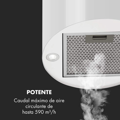 Klarstein Barett - Campana extractora aislada, Ø 35cm, Potencia de 190 W, Ventilación máxima de 590 m³/h, 3 niveles de potencia, CEE B, Iluminación LED, Acero inoxidable cepillado, Blanco