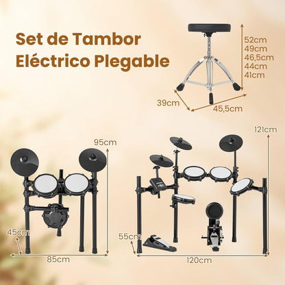 COSTWAY Batería Eléctrica, Kit de Batería Plegable con Pads de Malla Silenciosos, Platillo, 225 Sonidos y 30 Demos, Metrónomo y USB Midi, Bombo, 2 Baquetas, Taburete Ajustable, para Adultos y Niños